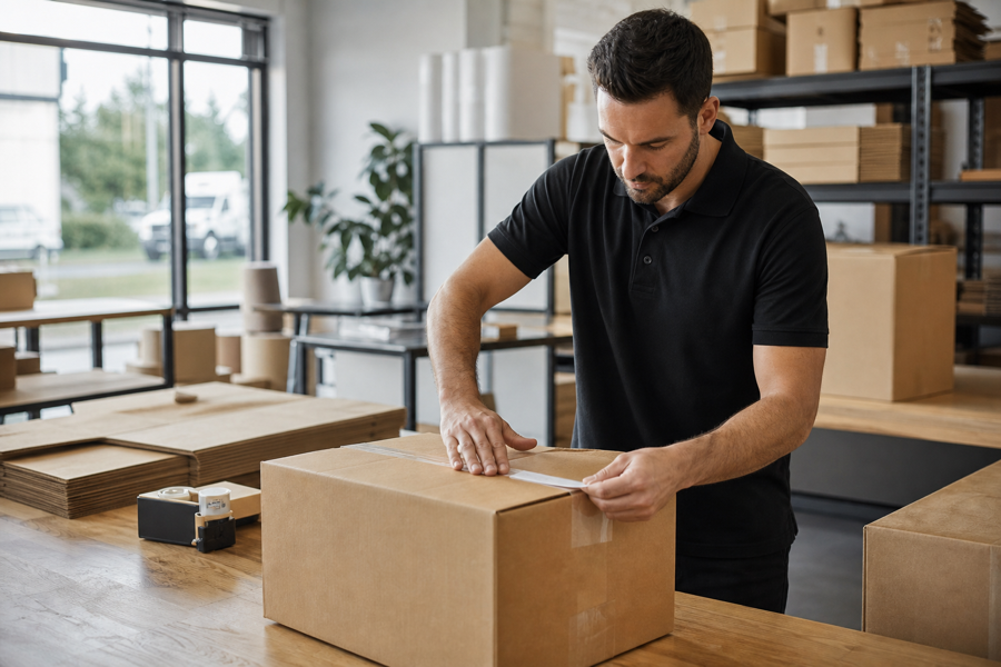 Professional mover packing boxes